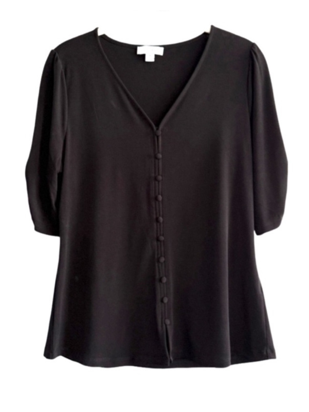 Calvin Klein V-neck Jersey Blouse Button Down Ruched Sleeves Black Size M